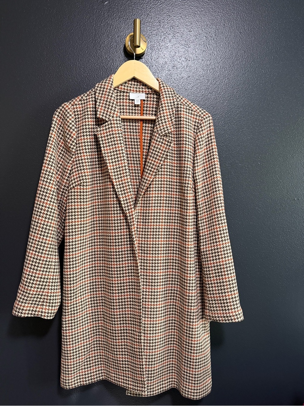 J. Jill Houndstooth Longline Blazer Jacket Open Front Rust Orange Brown Small P